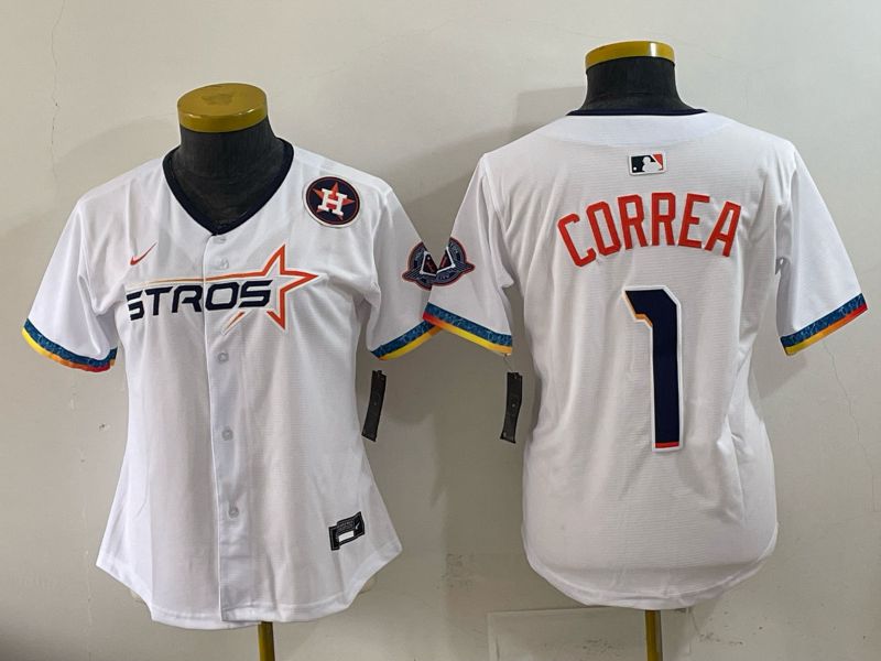 Women 2025 Houston Astros #1 Correa White Four generations Joint Name Nike MLB Jersey style 04
